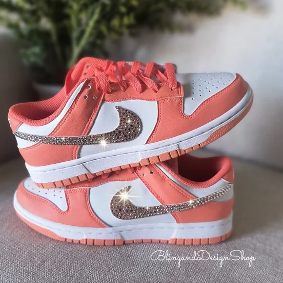 Bling Nike Dunk Low White Mango Womens Sneakers Shoes with Crystals Customized - Picture 2 of 6